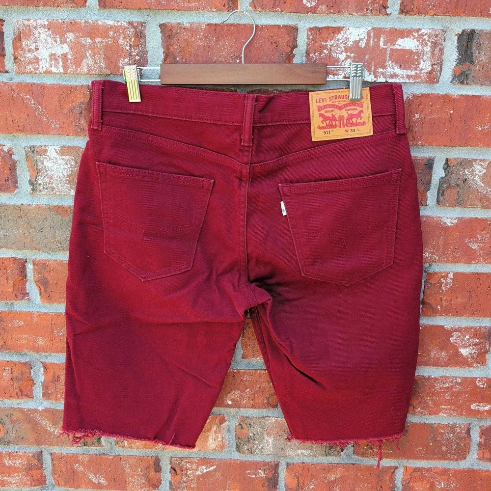 Levi's 511 Denim Shorts Mens 33 Burgundy Red Slim Fit Raw Hem